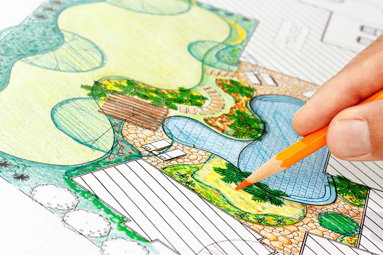Hand-drawn landscape design plan showing backyard layout and material placement