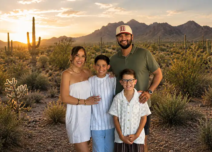 Martinez family standing together in the Sonoran Desert at sunset with saguaro cacti and mountain views in the background